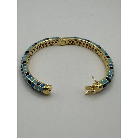 LAUREN G ADAMS Checker Chic Bracelet Turquoise Blue Gold Signed - Picture 3 of 6